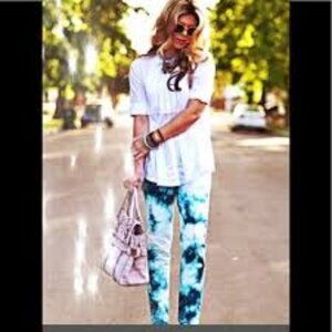 Hudson Tilda Mid-rise Straight Tie-Dye Teal Blue and White Women 29 Denim Jeans